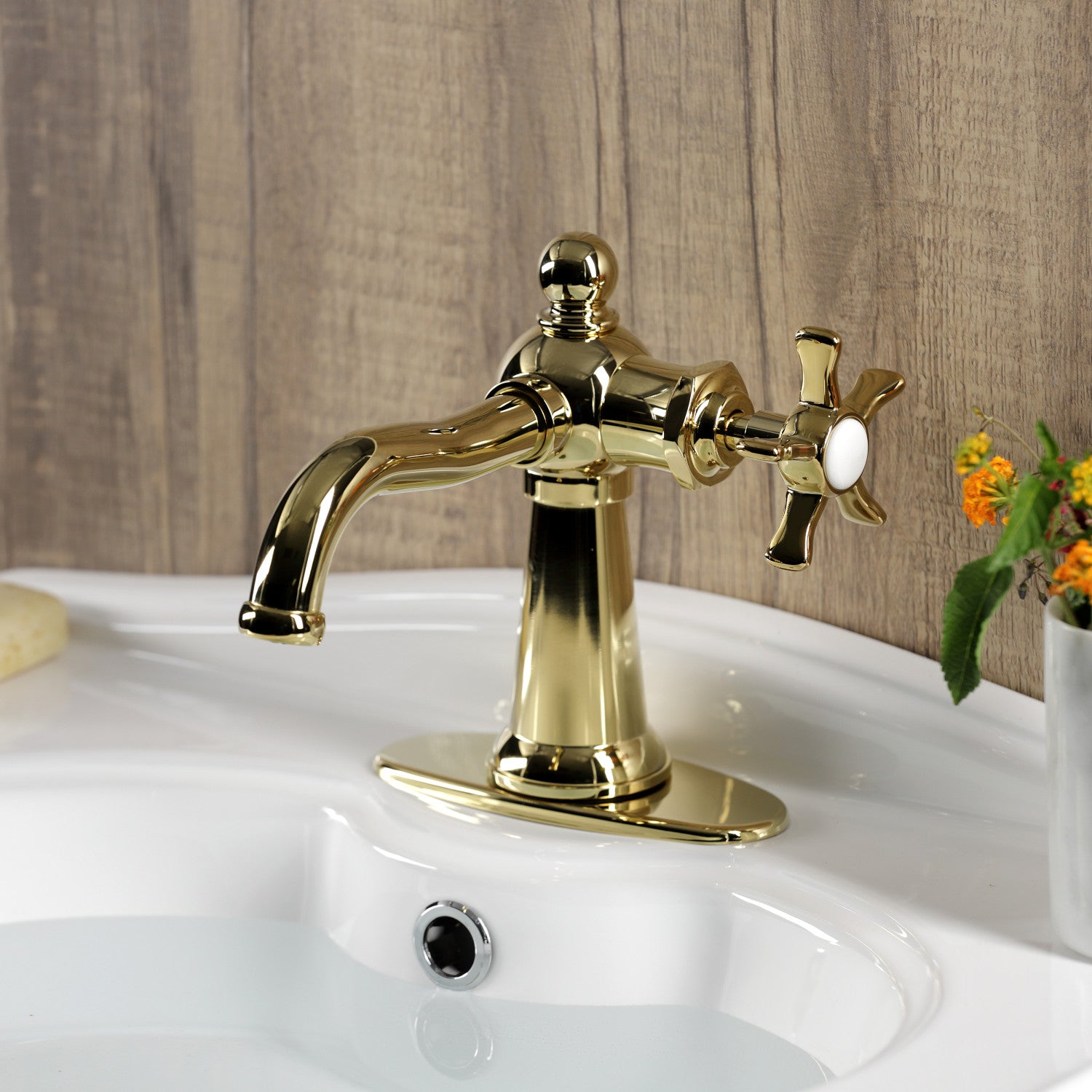 Kingston Heirloom KSD3542NX - Hamilton One-Handle 1-Hole Bathroom Faucet with Deck Plate and Push Pop-Up Drain, Polished Brass — thumbnail 2